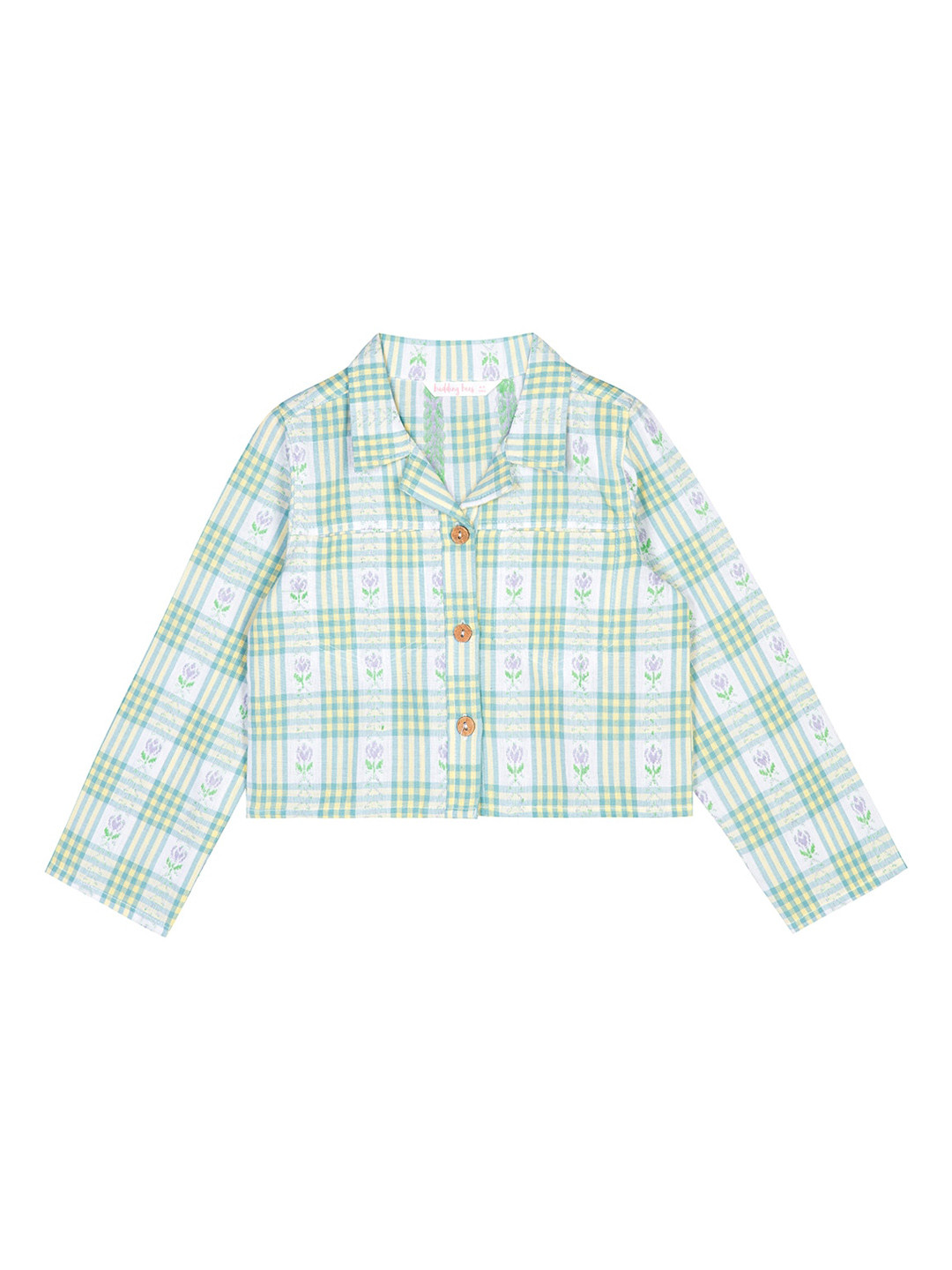 Budding Bees Girls Green Checked Crop Outdoor Cotton Tailored Jacket