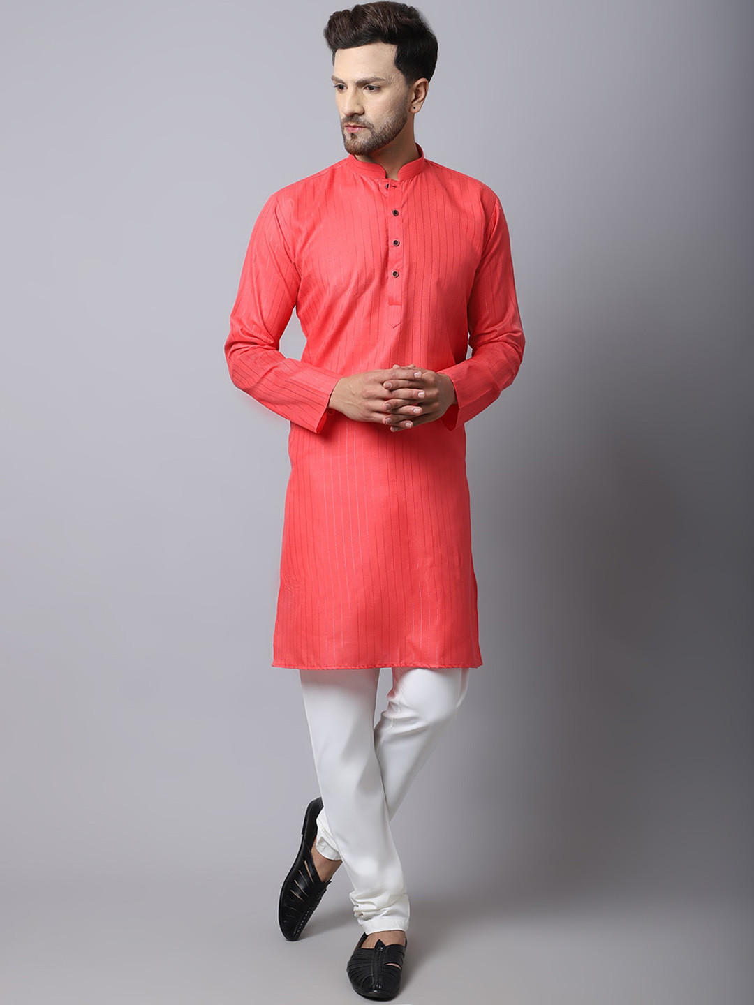 Kaifoo Men Coral Striped Kurta with Churidar