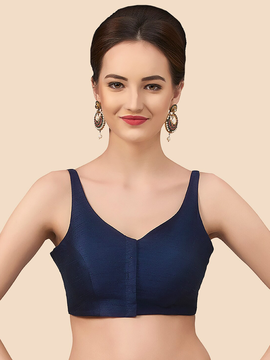 neckbook Women Navy Blue Solid Silk V Neck  Saree Blouse