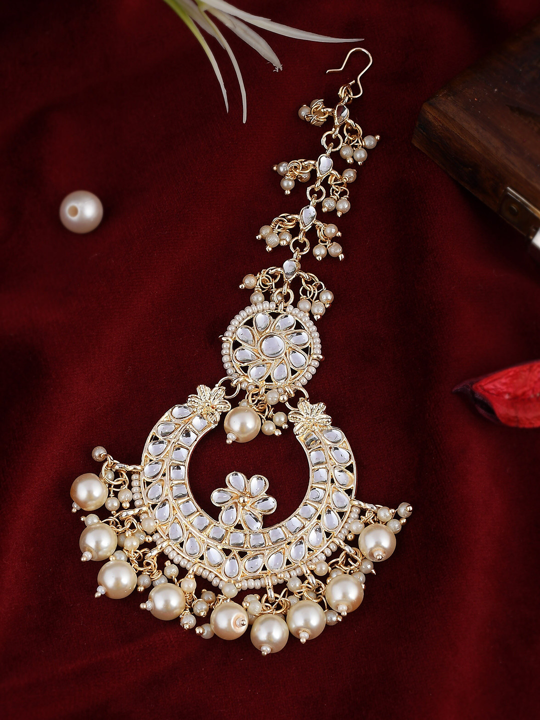 AQUASTREET JEWELS Women Gold-Toned & White Bridal MaangTikka