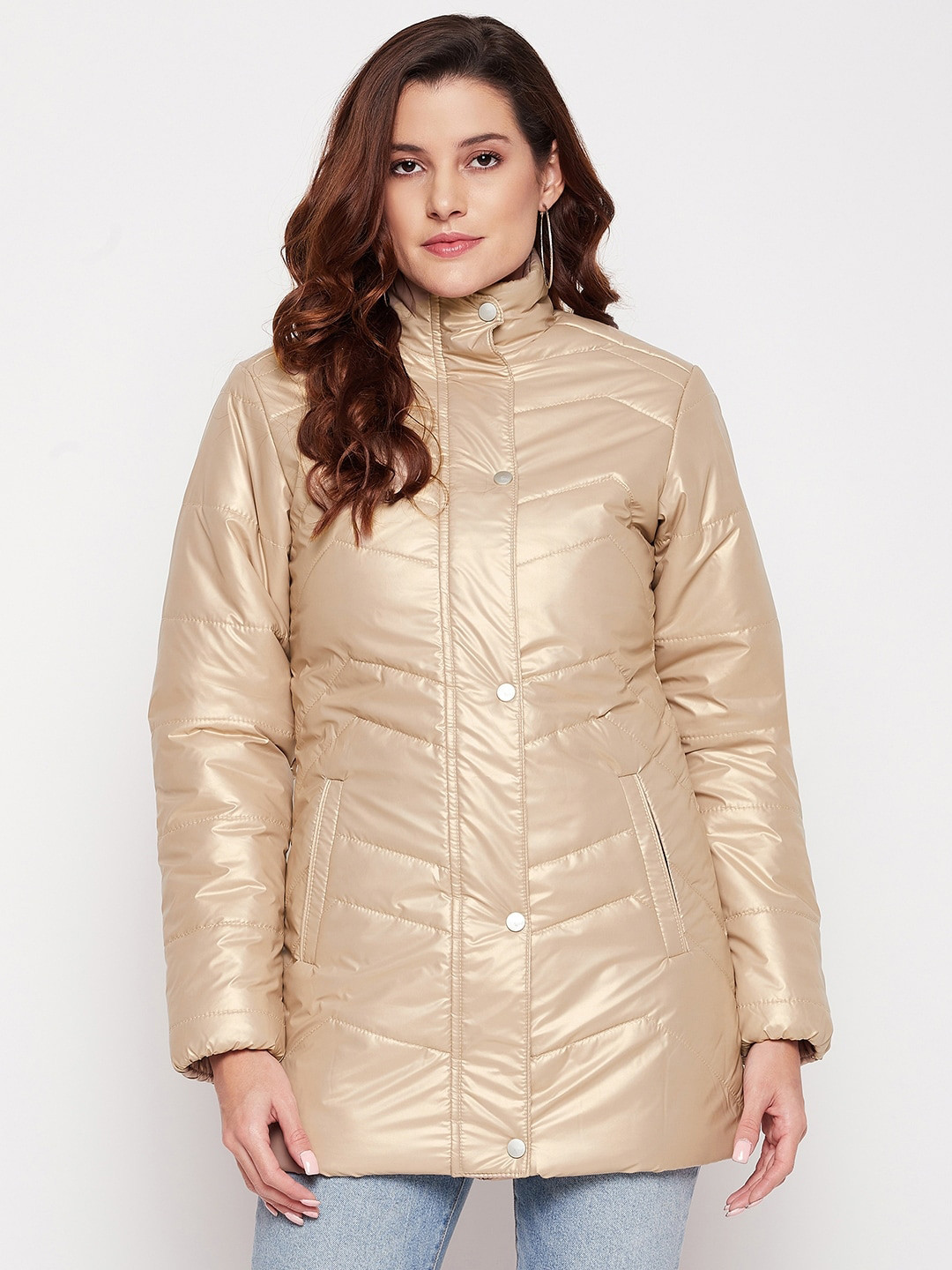 Spirit Women Camel Brown Solid Windcheater Stand Collar Longline Padded Jacket