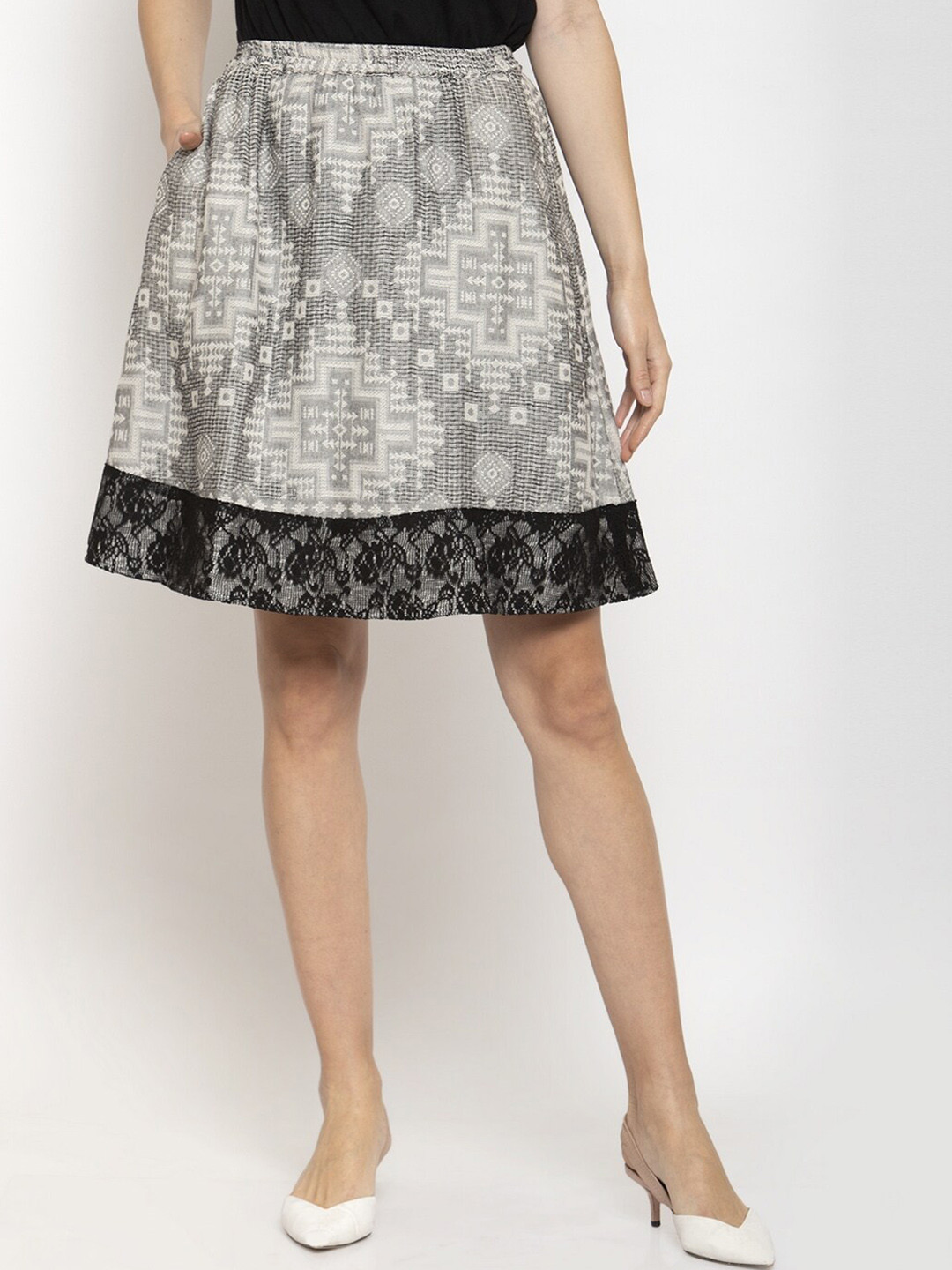 Purple State Women Off-White Self-Design A-Line Mini Pure Cotton Skirts