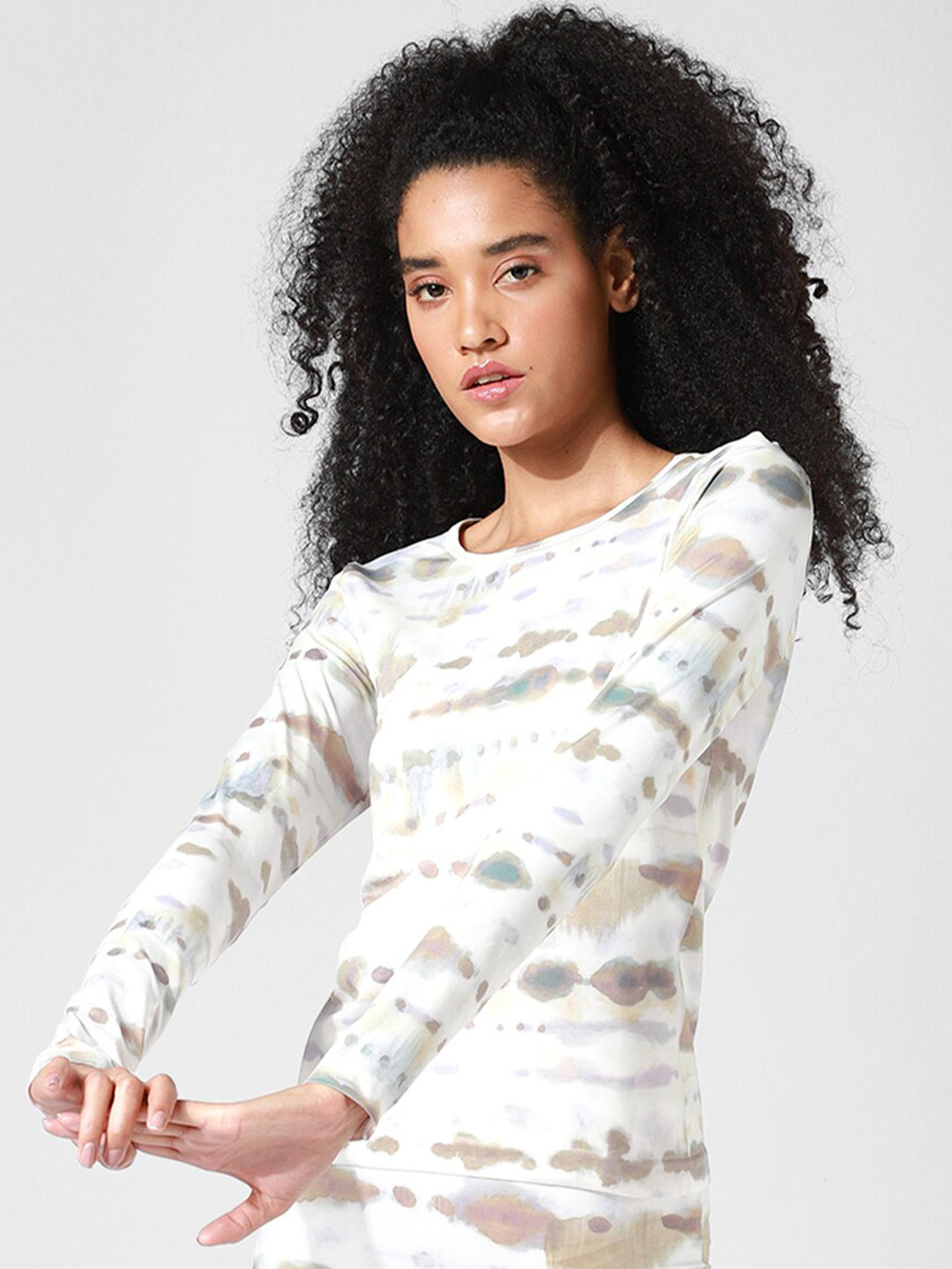 ONLY PLAY Women Off White & Brown Printed Sports T-shirt