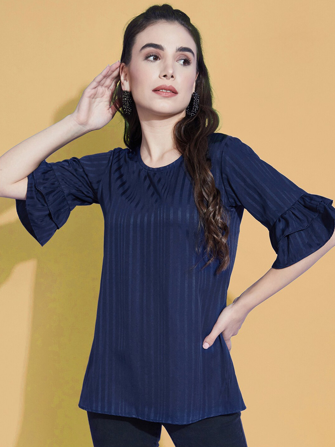 Selvia Blue Striped Crepe Bell Sleeve Top