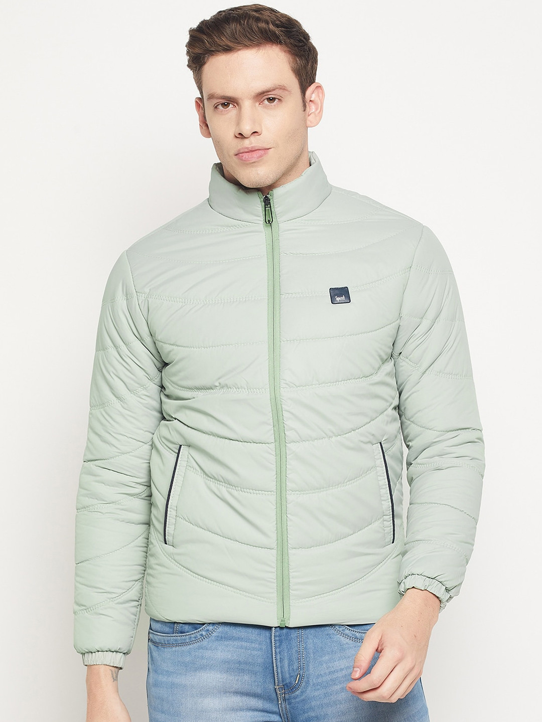 Spirit Men Lime Green Solid Stand Collar Windcheater and Water Resistant Padded Jacket