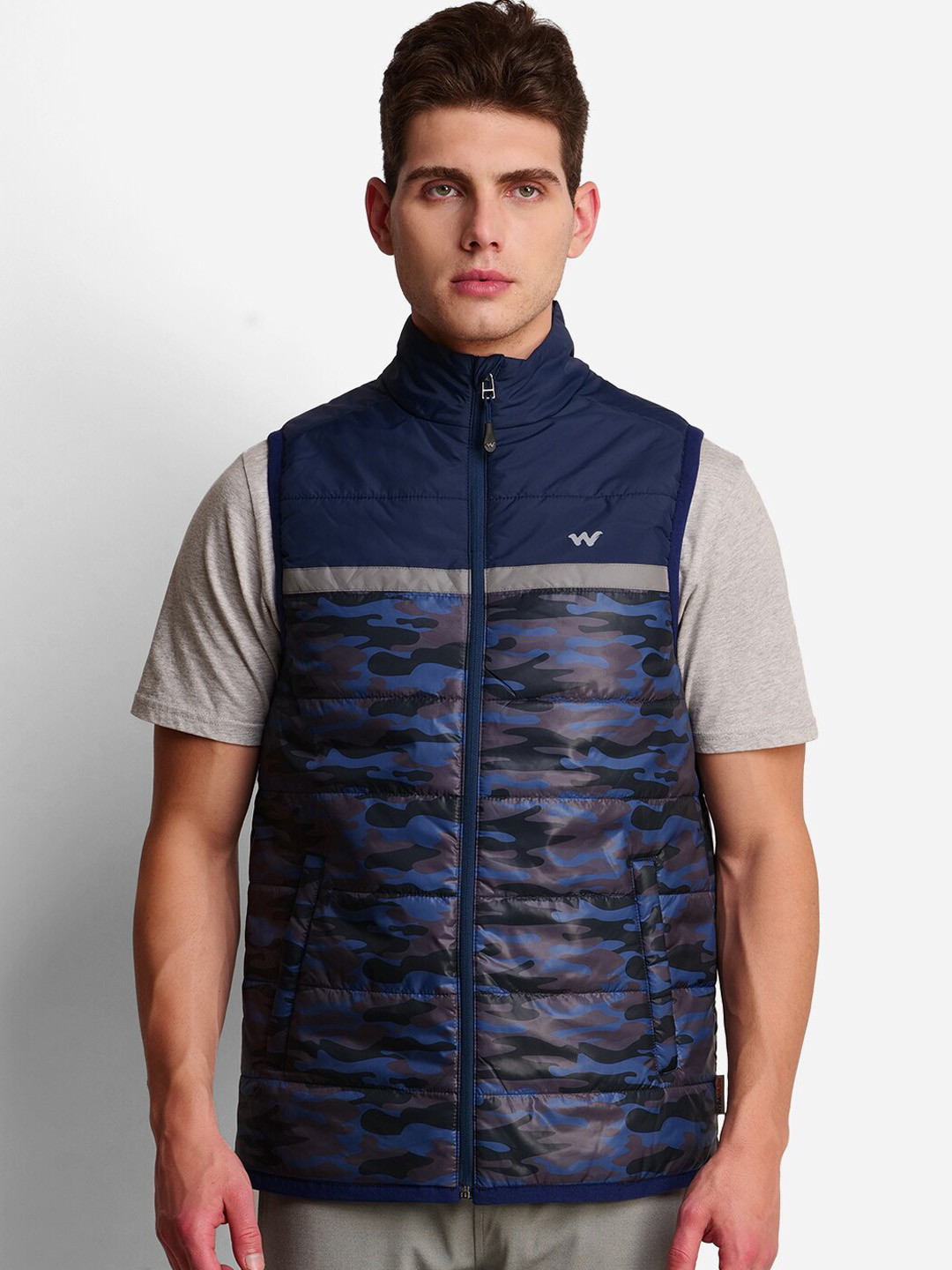 Wildcraft Men Navy Blue Camouflage Polyester Windcheater Padded Jacket