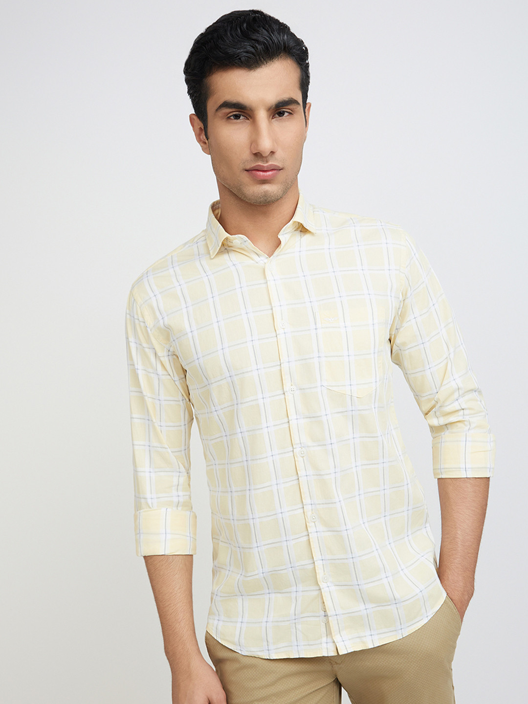 Park Avenue Men Yellow & White Slim Fit Tartan Checked Pure Cotton Casual Shirt