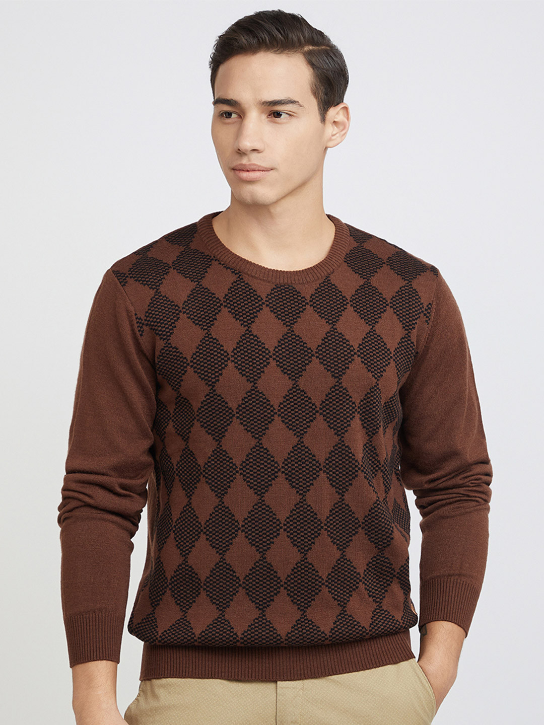 Raymond Men Brown & Black Geometric Patterned Pullover
