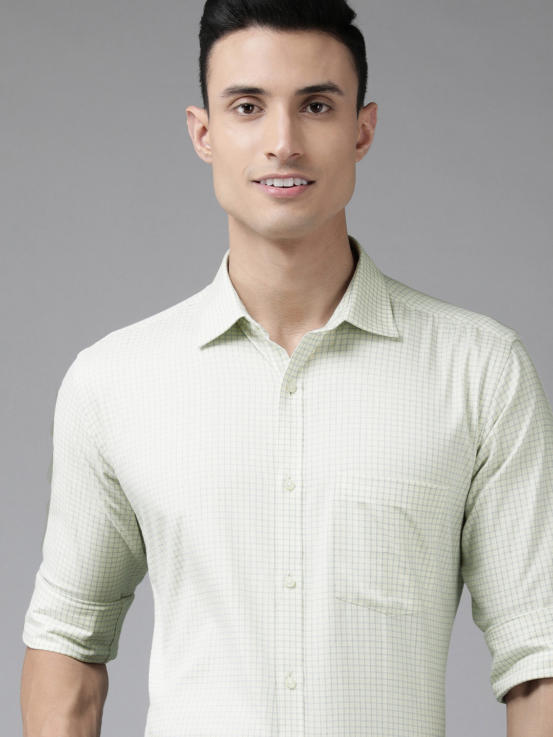 Park Avenue Men Beige & Blue Slim Fit Grid Checked Pure Cotton Formal Shirt