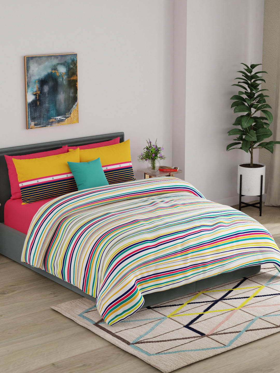 United Colors of Benetton  Rainbow Cotton Super King Bedsheet with 2 Pillow Covers