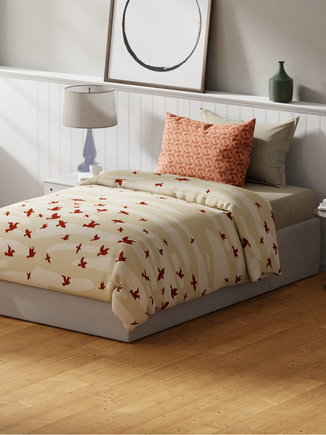 United Colors of Benetton Rust Conversational Pure Cotton Single Superfine Bedsheet with a Pillow Cover-90 x 60 inches