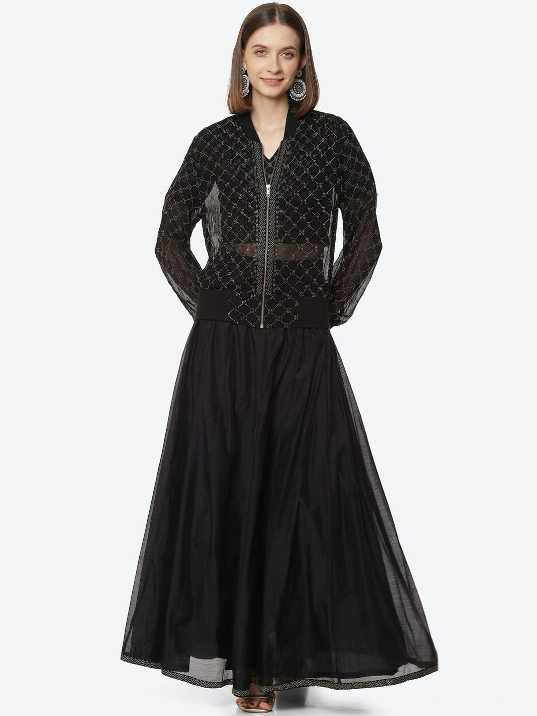 Rangriti Women Black Printed Pleated Top with Skirt