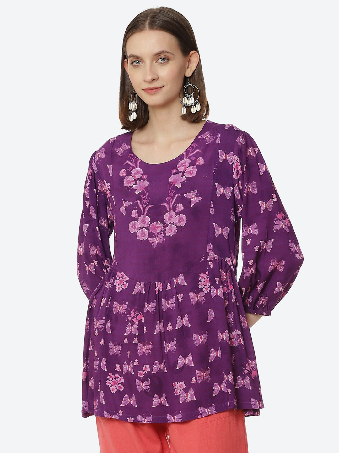 Rangriti Purple Floral Printed Longline Top