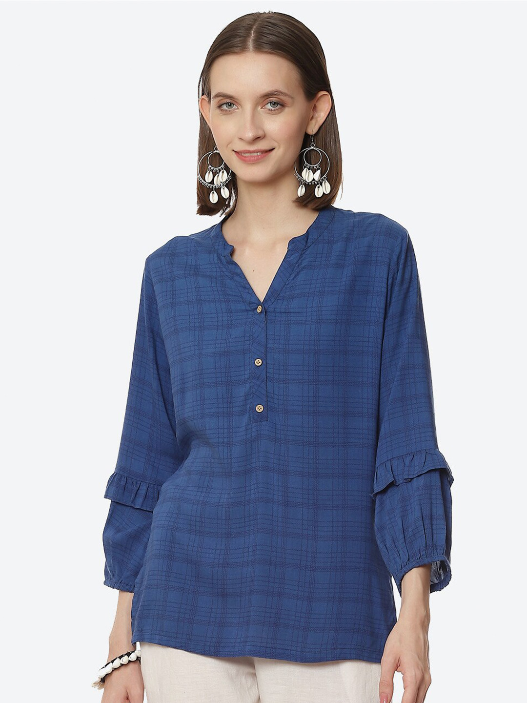 Rangriti Blue Checked Mandarin Collar Top