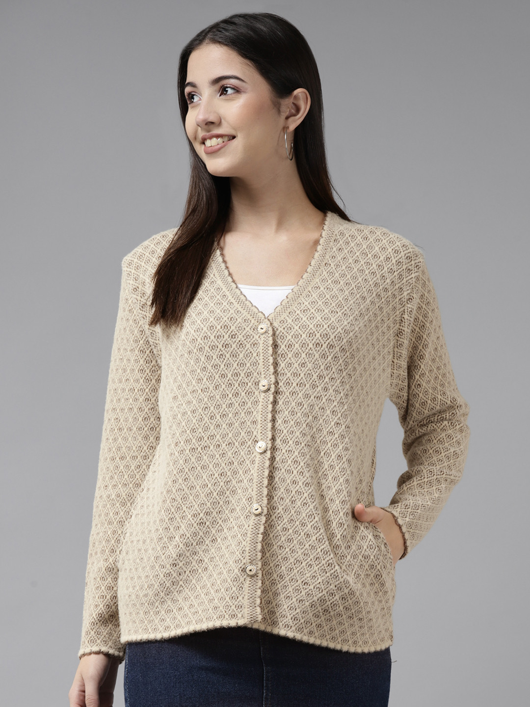 Cayman Women Camel Brown Knitted Woollen Cardigan