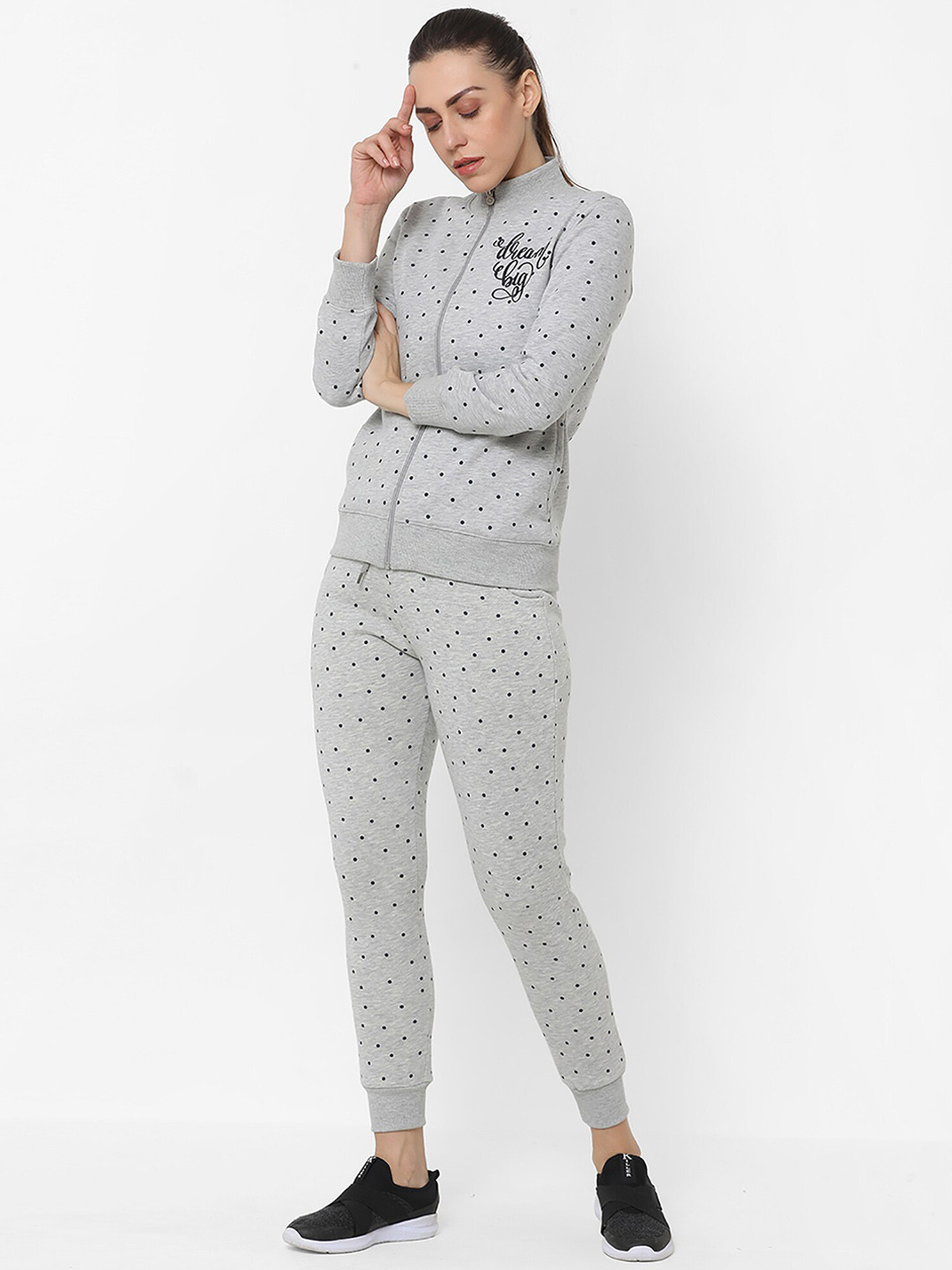 Sweet Dreams Women Grey Melange & Black Printed Tracksuits