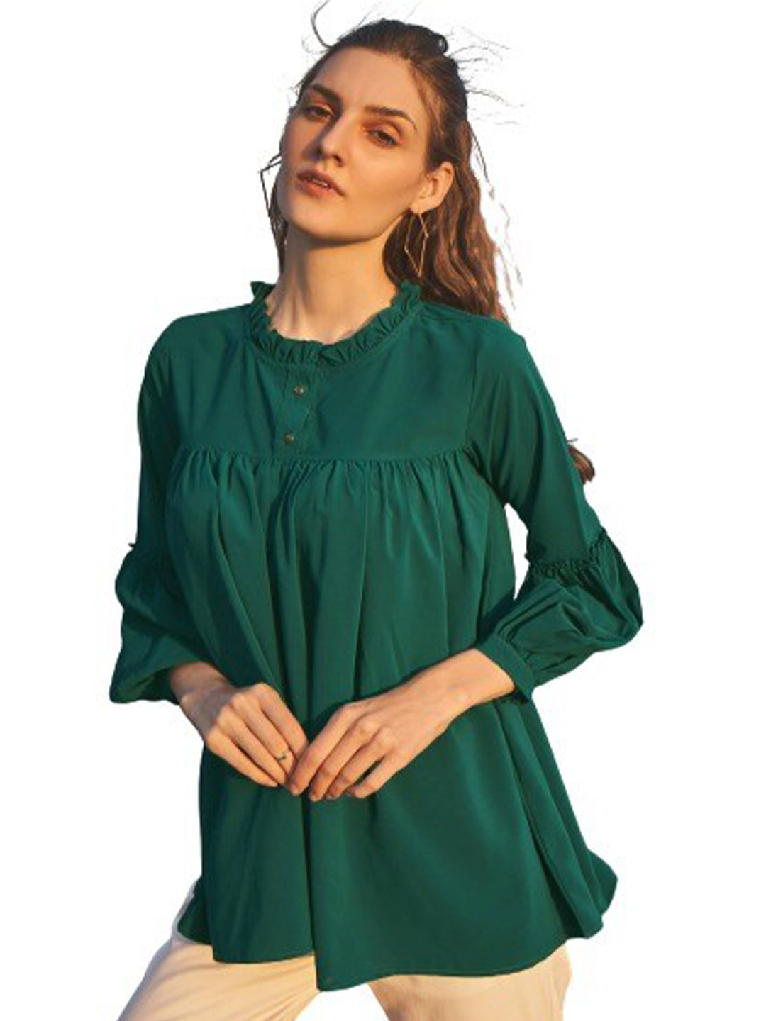 NEOFAA Woman Green Round Neck Full Sleeve Top