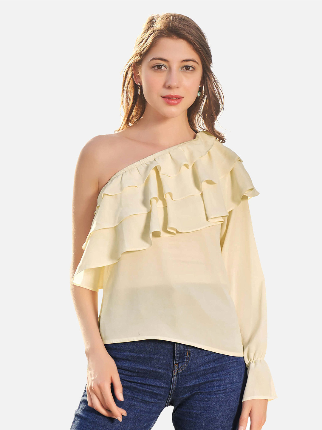 NEOFAA Women Cream Coloured One Shoulder Ruffles Georgette Top