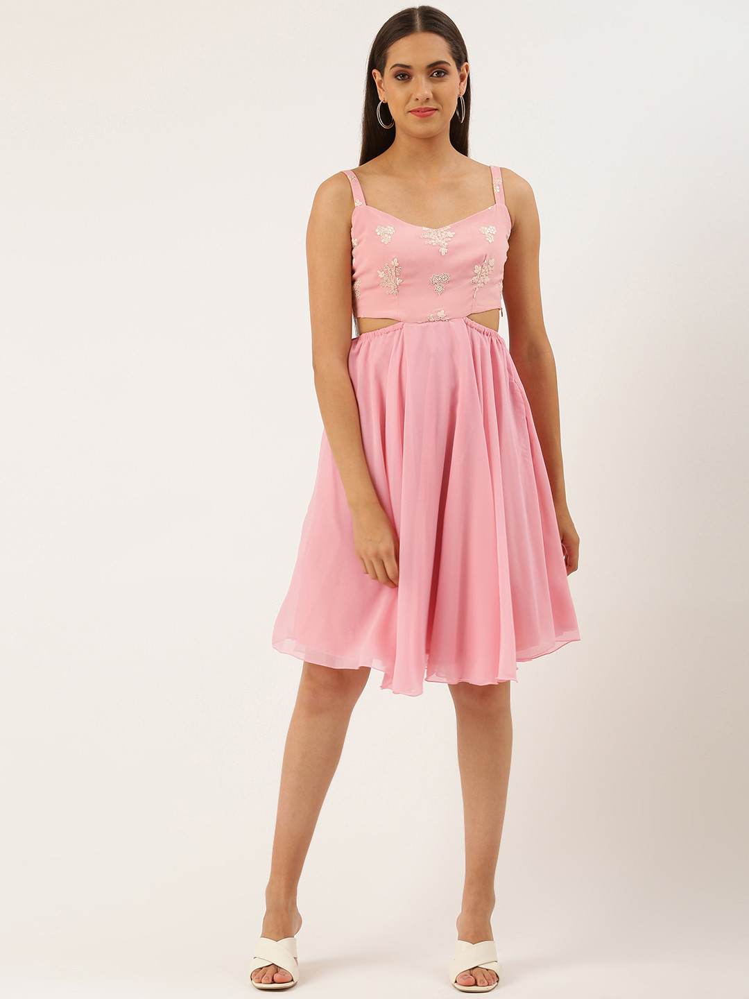 Ethnovog Pink Sequin Embellished Georgette Fit  Flare Dress