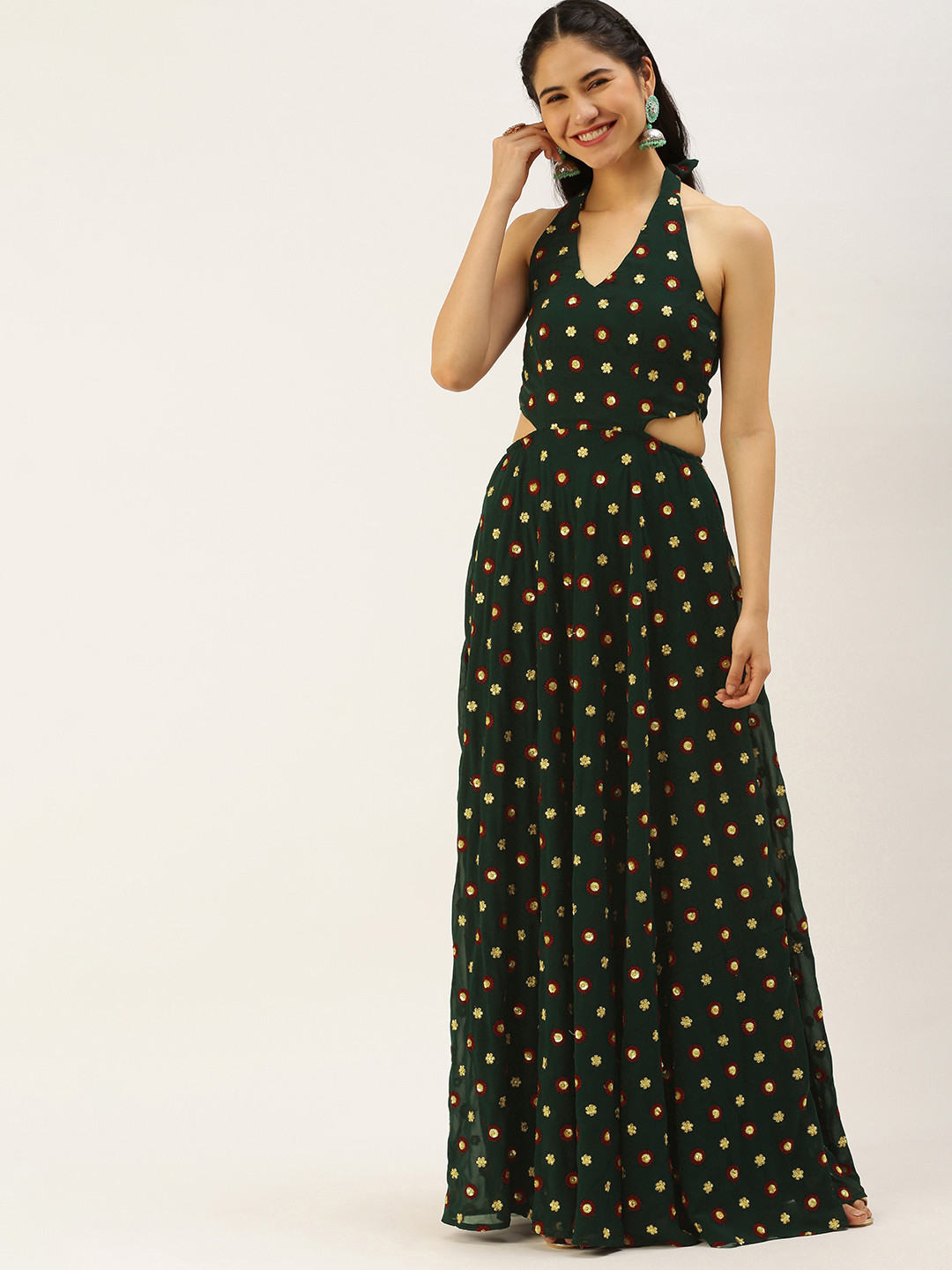 Ethnovog Green  Golden Ethnic Embellished Halter Neck Georgette Maxi Ethnic Dress