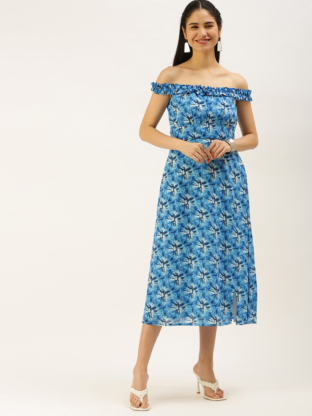Ethnovog Blue Tie and Dyed Off-Shoulder Cotton A-Line Midi Dress