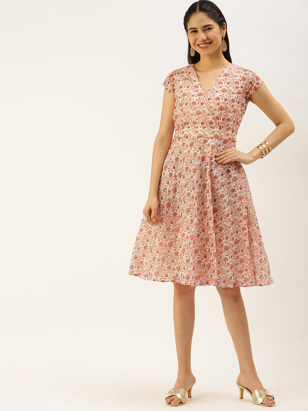 Ethnovog White  Rust Orange Ethnic Printed Cotton Wrap Dress