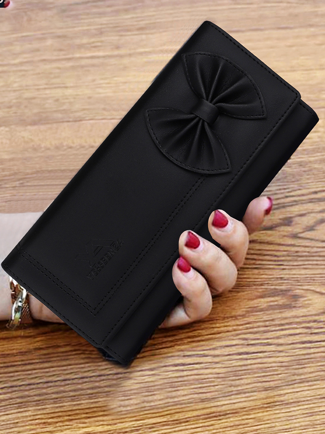 YESSBENZA Women Black Bow Detail Two Fold Wallet
