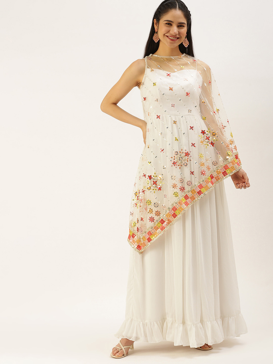 Ethnovog White  Red Embellished Layered Georgette Padded Gown