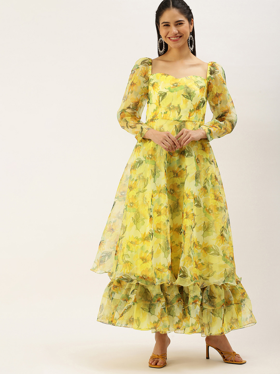 Ethnovog Yellow  Green Floral Print Layered Ethnic Organza Maxi Dress