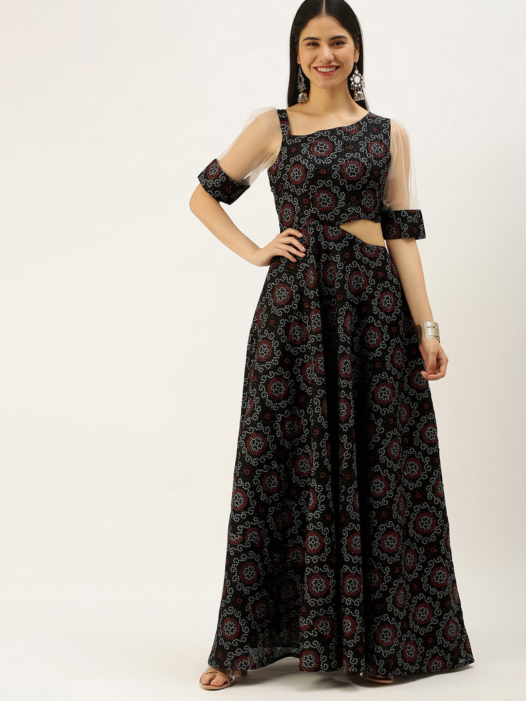 Ethnovog Black Silk Printed Cut-Out Design Ethnic Maxi Dress