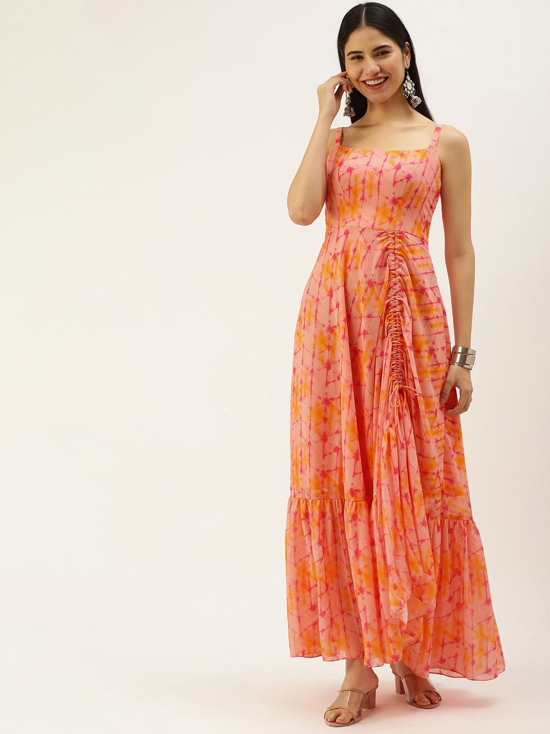 Ethnovog Orange  Pink Tie and Dye Georgette Ethnic Maxi Maxi Dress
