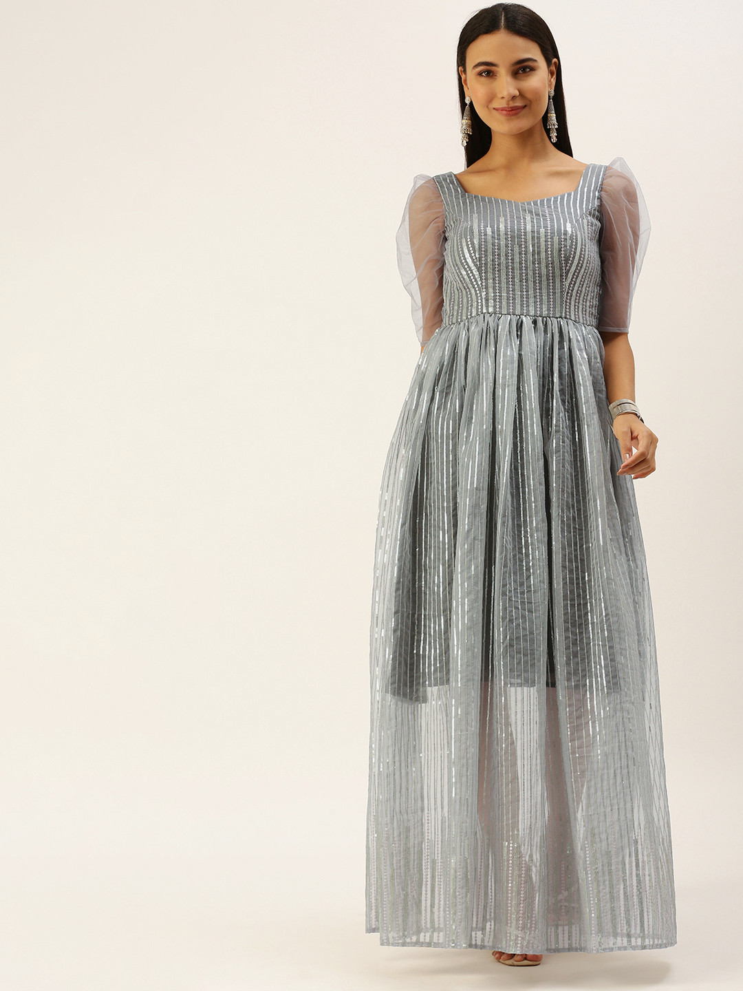 Ethnovog Grey Sequined Made to Measure Ethnic Maxi Dress