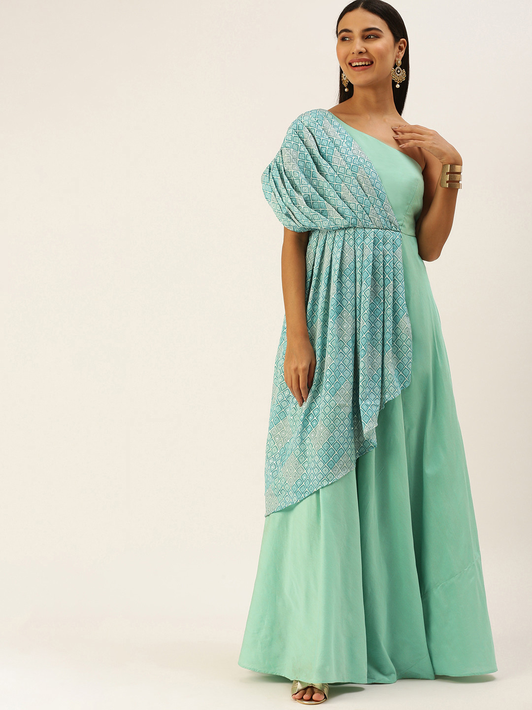 Ethnovog Sea Green Solid One Shoulder Ethnic Maxi Dress  Dupatta Detail