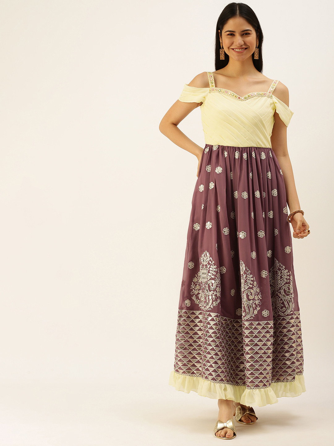 Ethnovog Mauve  Cream-Coloured Embroidered Georgette Ethnic Maxi Dress