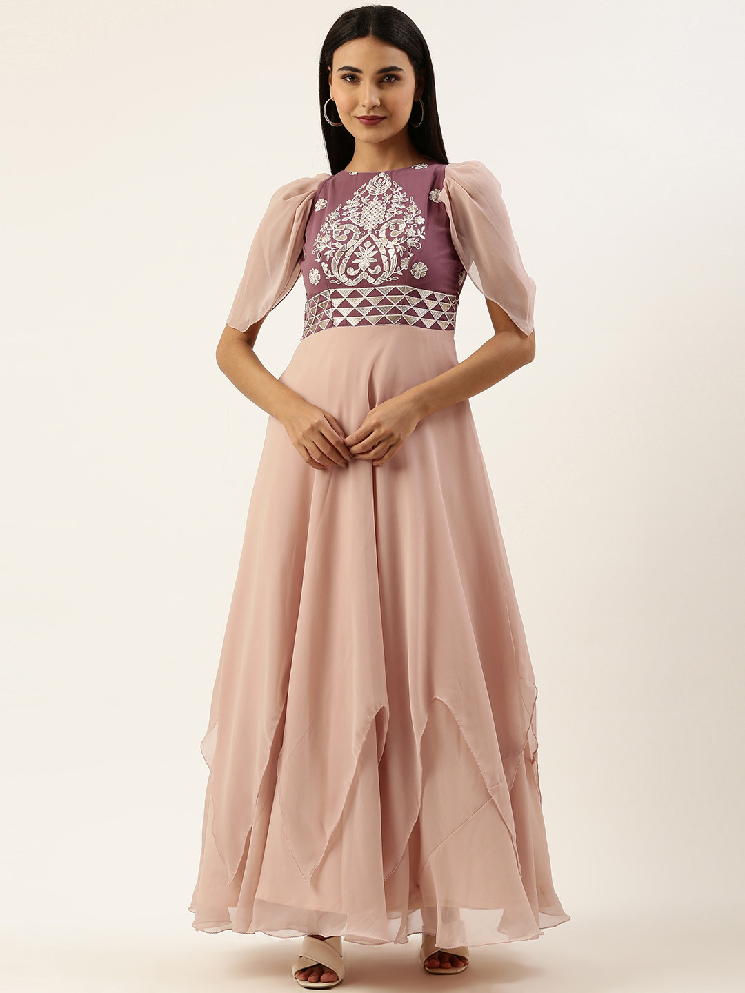 Ethnovog Pink Ethnic Motifs Embroidered Georgette Ethnic Maxi Dress