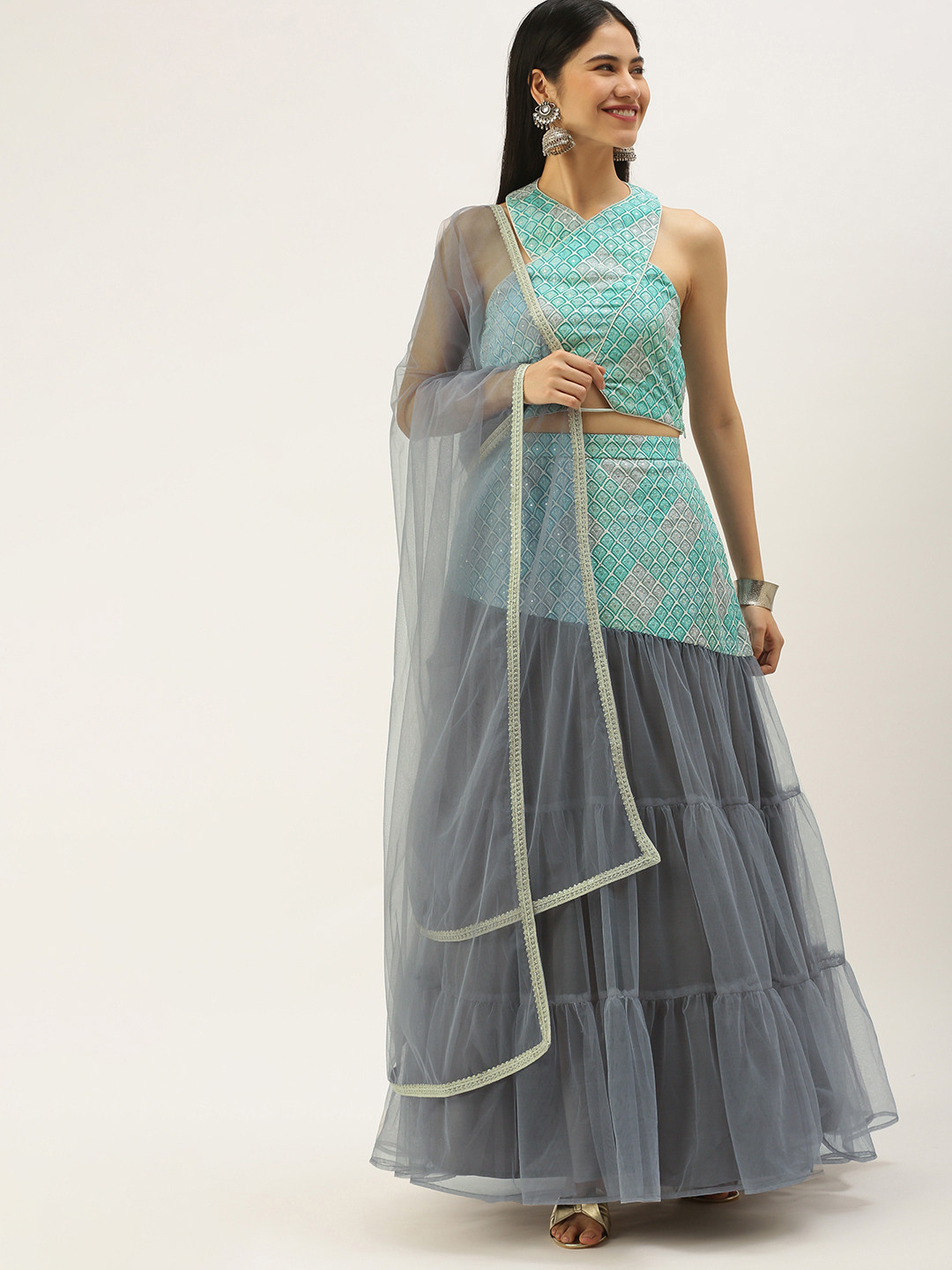 Ethnovog Blue  Grey Printed Sequinned Ready to Wear Lehenga  Blouse With Dupatta