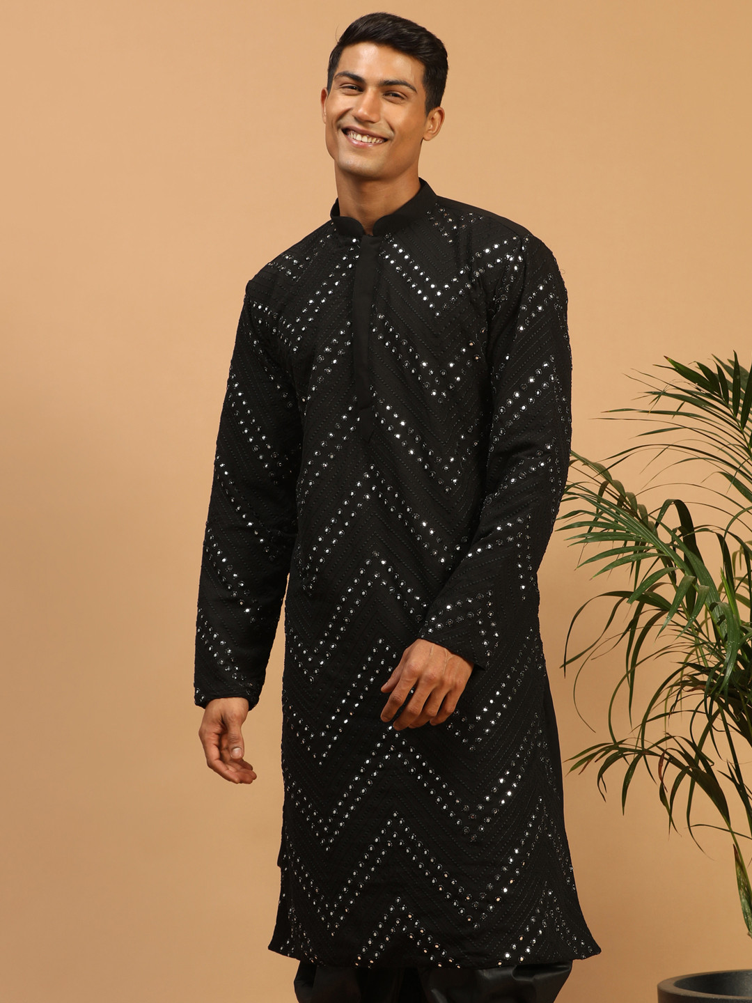 VASTRAMAY Men's Black Mirror Work Georgette Straight Kurta
