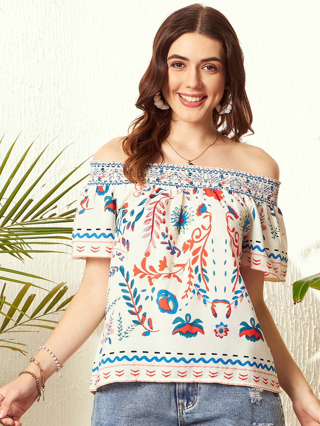 Berrylush White Tribal New Neckline Top