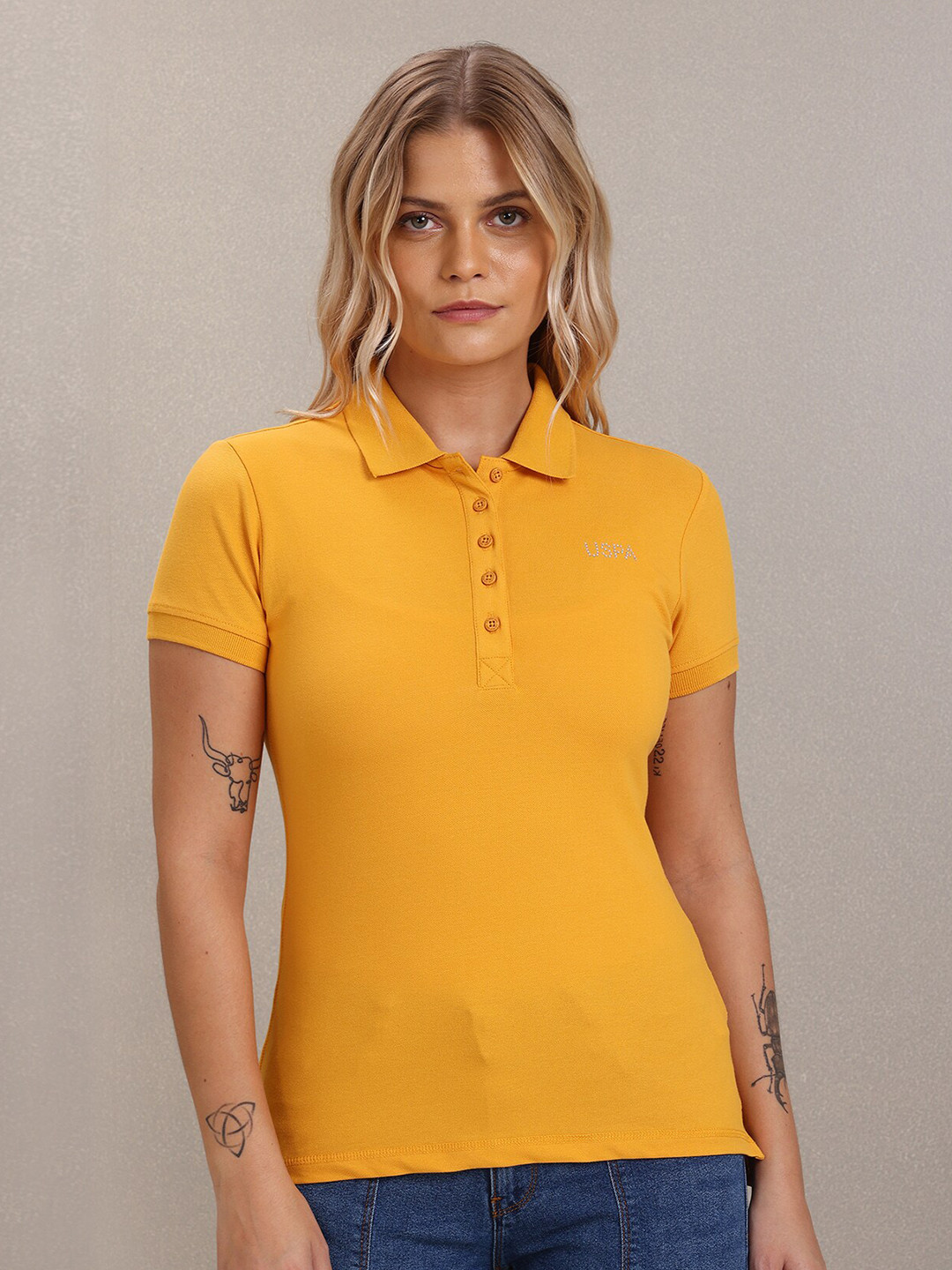 U S Polo Assn Women Yellow Polo Collar Slim Fit T-shirt