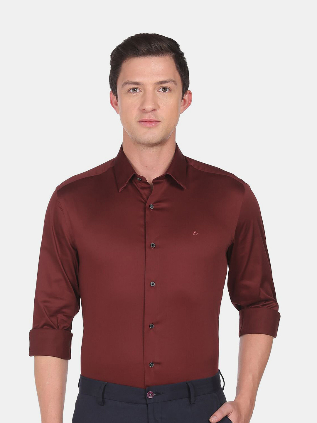 Arrow New York Men Maroon Solid Slim Fit Cotton Formal Shirt