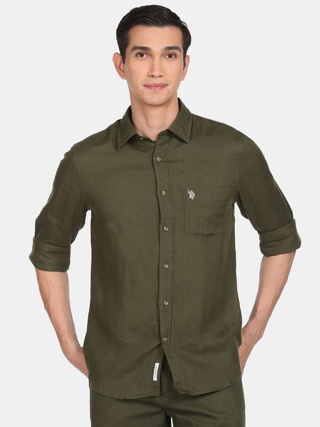 U S Polo Assn Men Green Solid Linen Casual Shirt