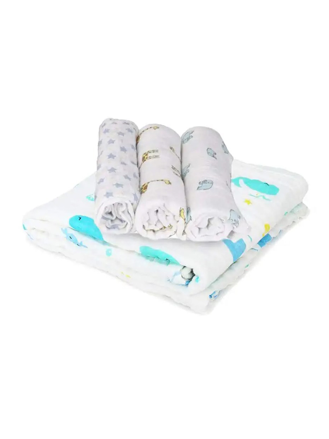 Moms Home Kids Set Of 4 Organic Cotton Baby Gift Pack - P3 Muslin 1 Organic Cotton Blanket