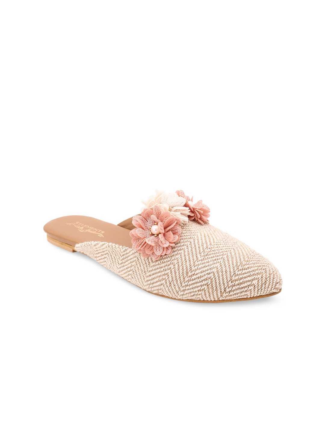 5 ELEMENTS Women Off White & Rose  Embellished Mules Flats