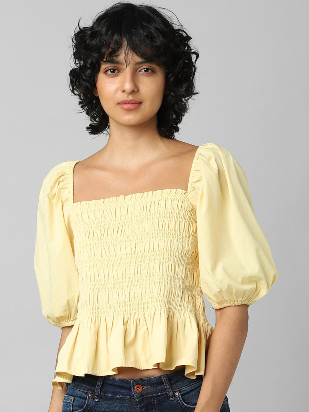 ONLY Women Yellow Solid Smocked Square Neck Top