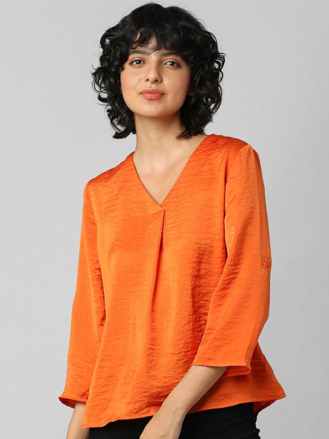 ONLY Women Orange Solid V-Neck Three-Quarter Sleeves Top