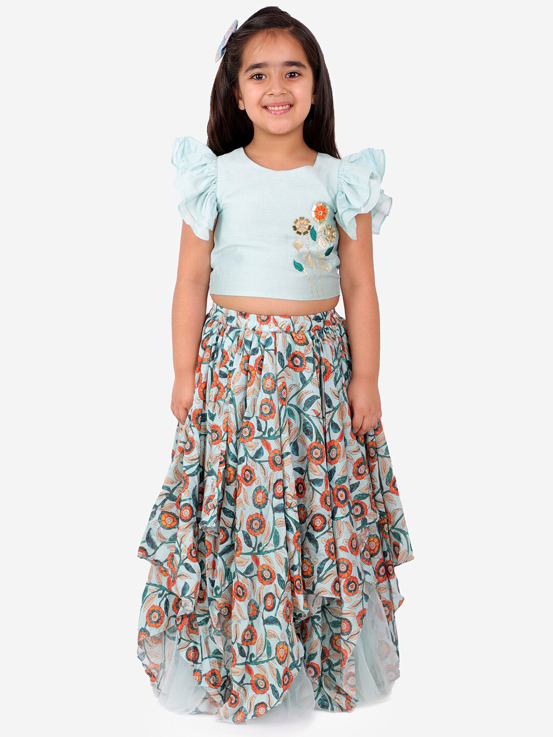 LIL DRAMA Girls Blue & Orange Embroidered Mirror Work Ready to Wear Lehenga Set