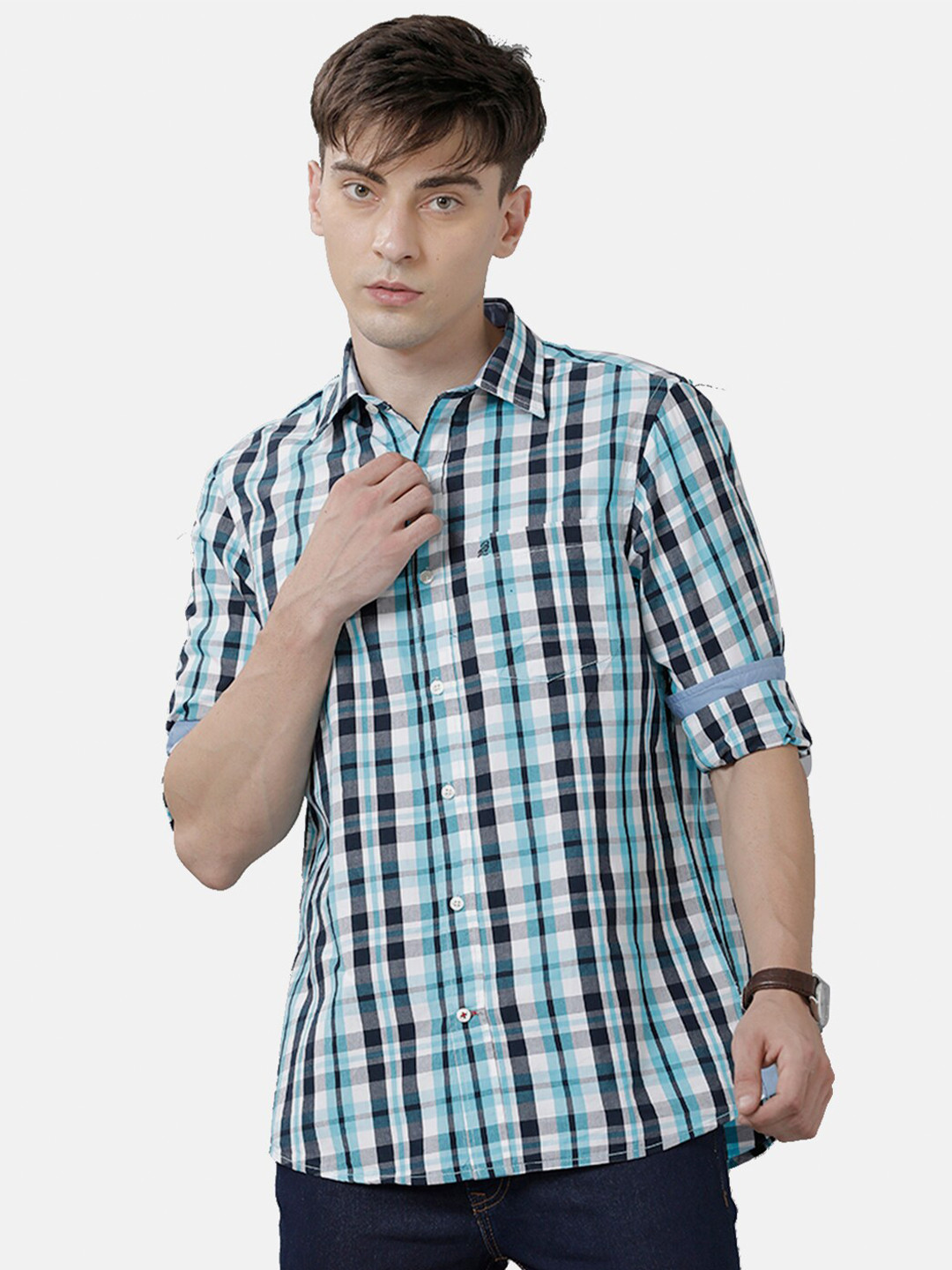 Double Two Men Blue Slim Fit Tartan Checks Casual Shirt