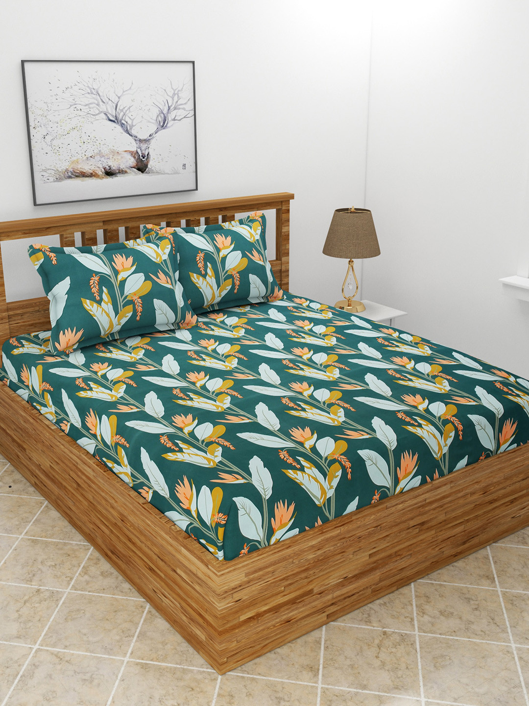 MORADO Green Floral Polycotton 210 TC Queen Fine Bedsheet with 2 Pillow Covers-100 x 90 inches
