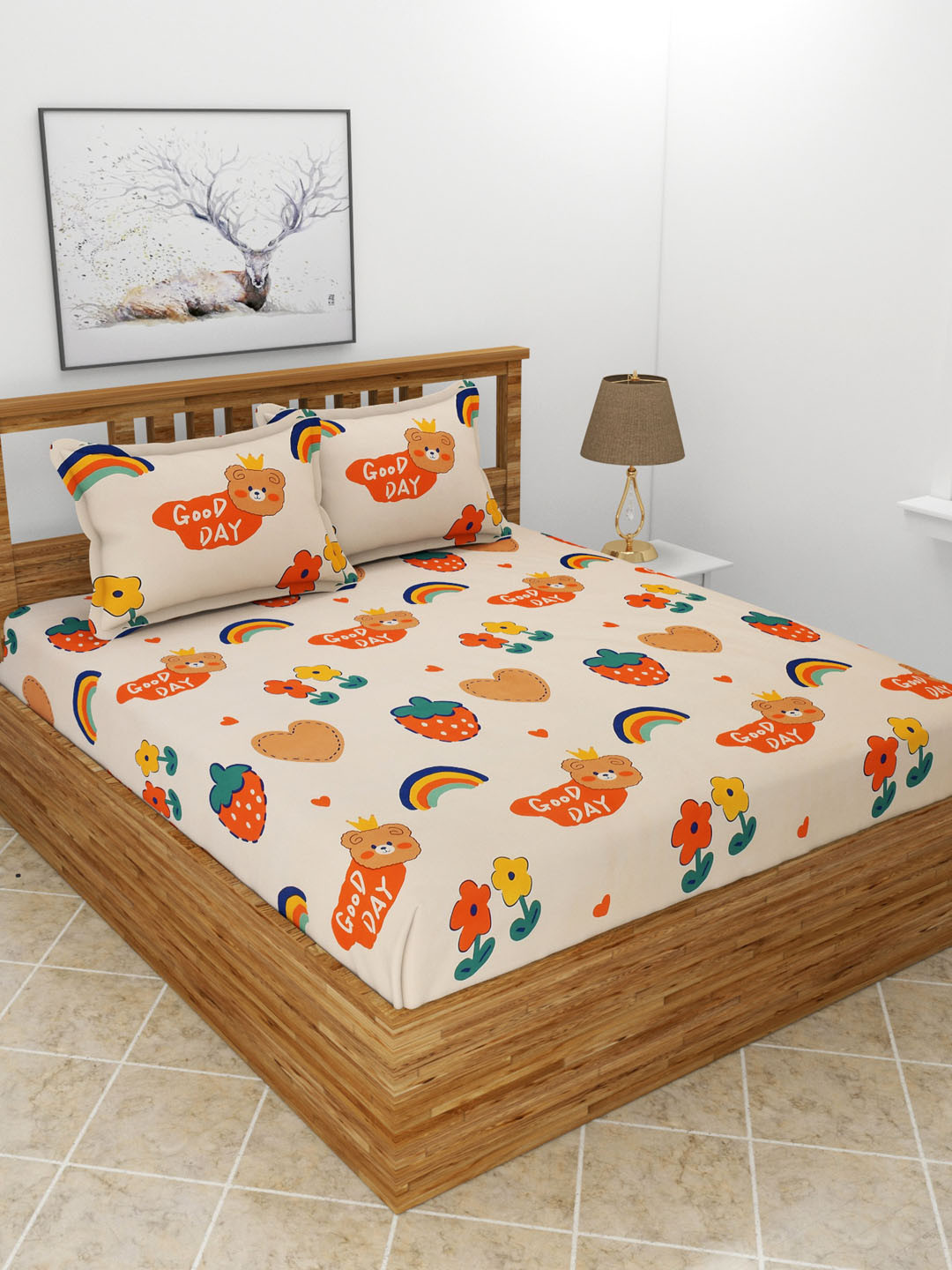 MORADO Tina Pink Conversational Polycotton 180 TC Queen Fine Bedsheet with 2 Pillow Covers-100 x 90 inches