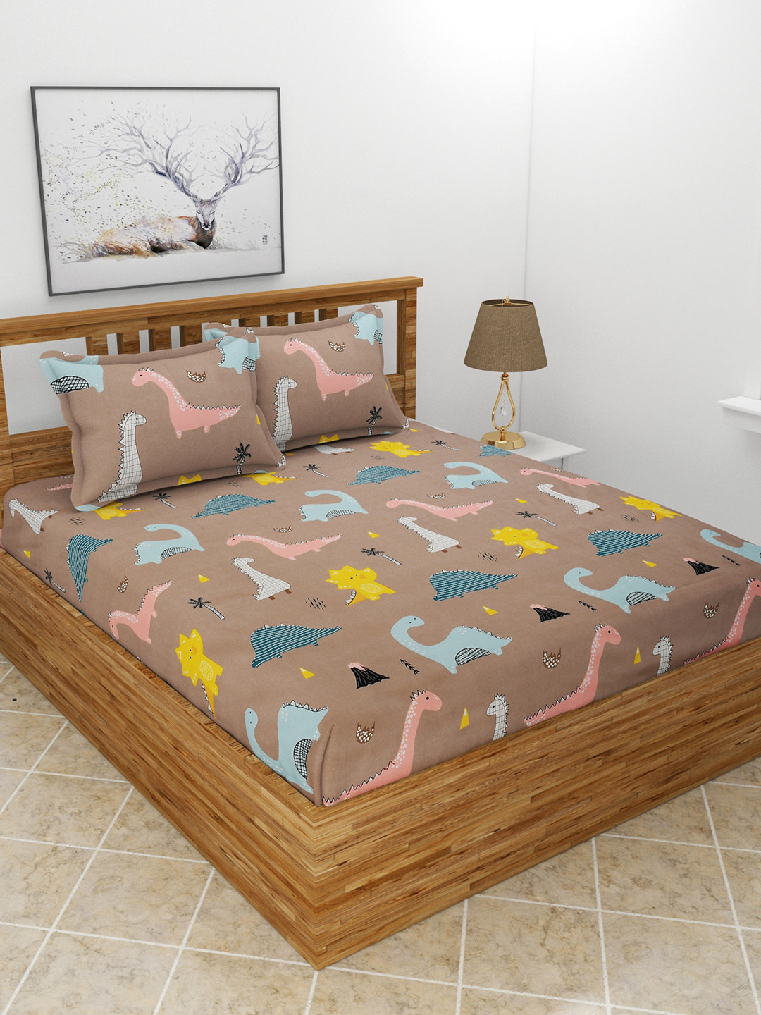 MORADO Brown Graphic Polycotton 180 TC Queen Fine Bedsheet with 2 Pillow Covers-100 x 90 inches